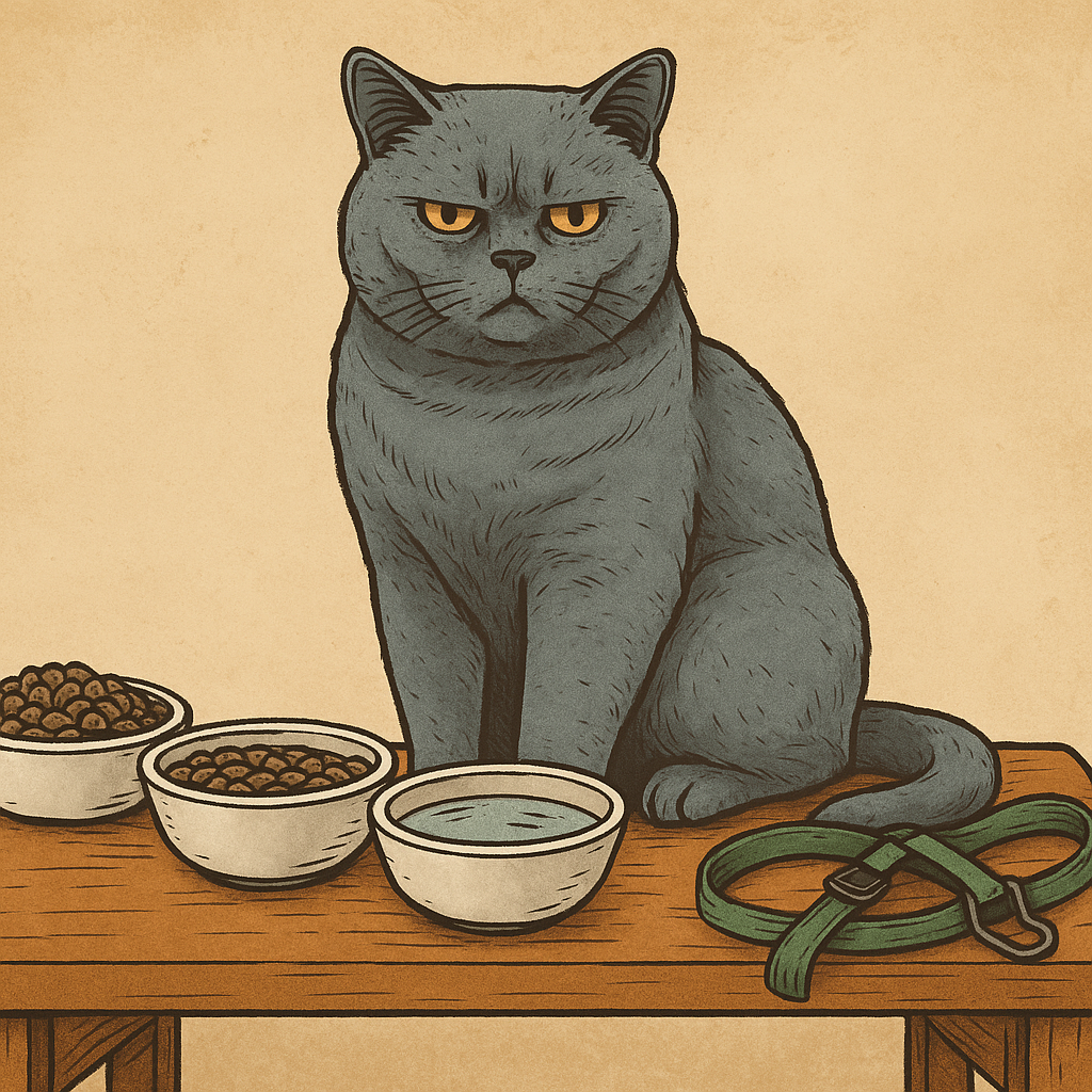 Серый британский кот сидит на деревянной банкетке перед тремя мисками и зелёной шлейкой. Уверенный взгляд, полная концентрация. Настоящий барин дома.