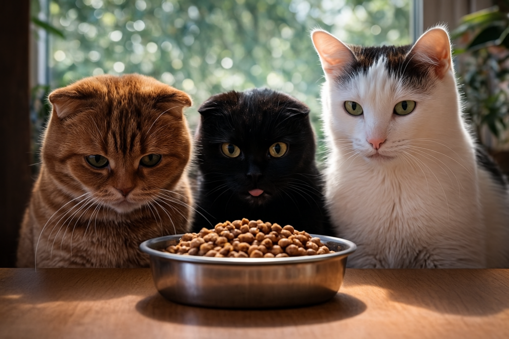 Три домашних кота сидят рядом и смотрят вверх, будто ждут открытия корма или шуршания пакета.