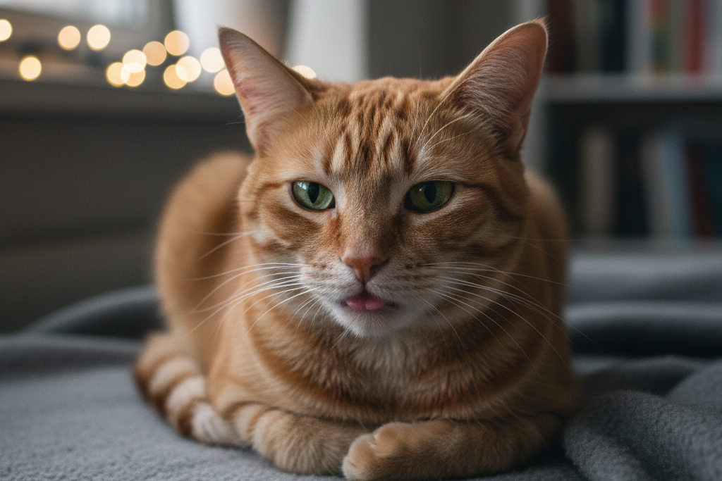 Рыжий кот с высунутым кончиком языка и тусклым взглядом, симптомы болезни и слабости у кошки